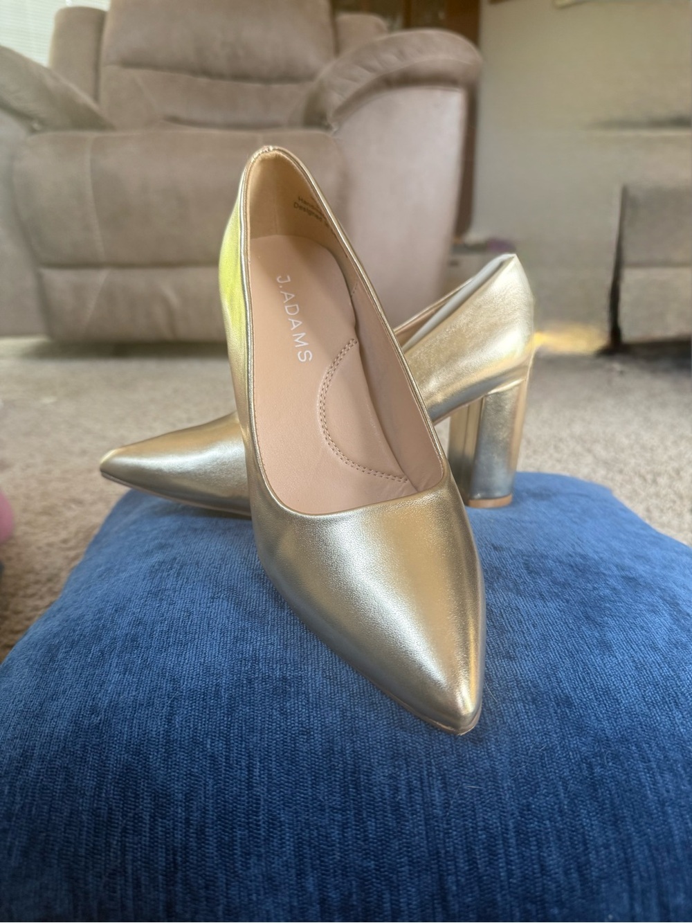 Adams Metallic Gold Pointed-Toe Block Heels